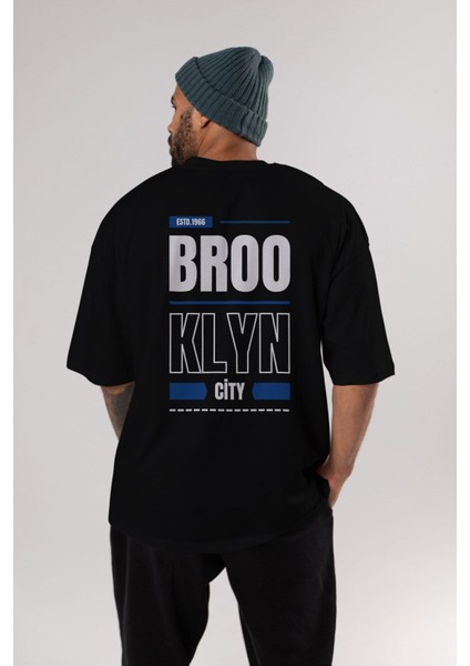 Brooklyn City Yazılı Arka Baskılı Siyah Oversize T-Shirt Erkek Kadın Bisiklet Yaka