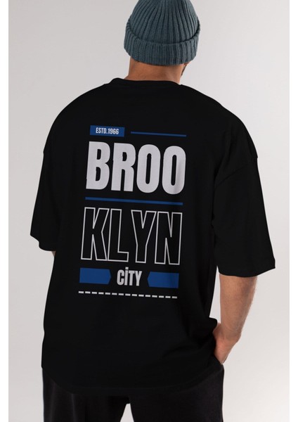 Brooklyn City Yazılı Arka Baskılı Siyah Oversize T-Shirt Erkek Kadın Bisiklet Yaka modelleri