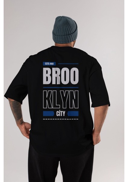 Brooklyn City Yazılı Arka Baskılı Siyah Oversize T-Shirt Erkek Kadın Bisiklet Yaka indirimleri
