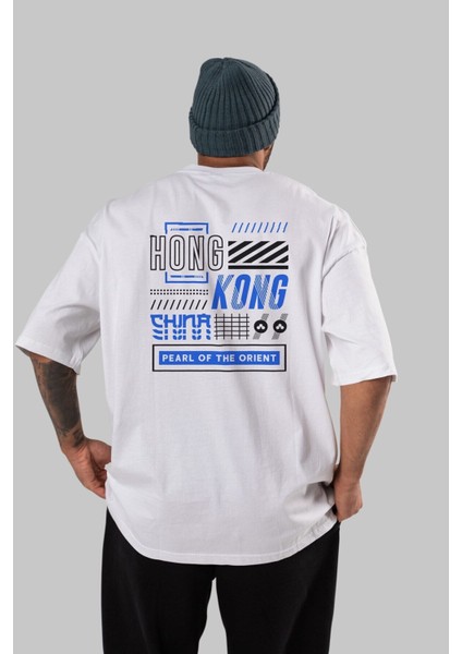 Hong Kong Arka Baskılı Beyaz Oversize T-Shirt Erkek Kadın Bisiklet Yaka