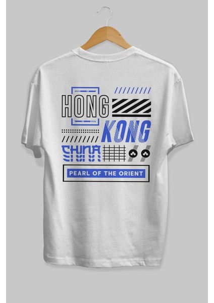 Hong Kong Arka Baskılı Beyaz Oversize T-Shirt Erkek Kadın Bisiklet Yaka fiyatları