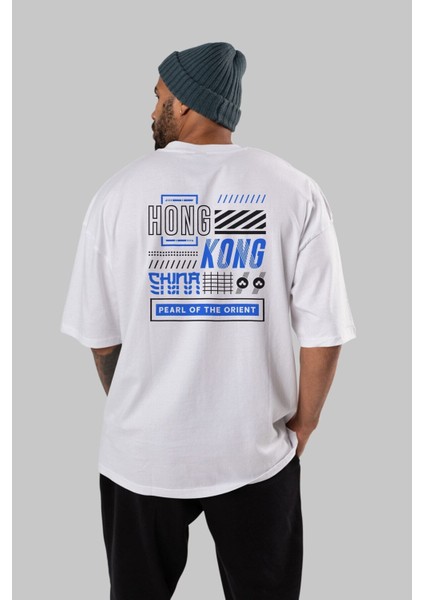Hong Kong Arka Baskılı Beyaz Oversize T-Shirt Erkek Kadın Bisiklet Yaka modelleri