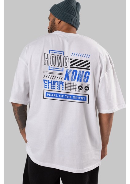 Hong Kong Arka Baskılı Beyaz Oversize T-Shirt Erkek Kadın Bisiklet Yaka fırsatları