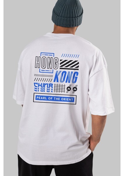 Hong Kong Arka Baskılı Beyaz Oversize T-Shirt Erkek Kadın Bisiklet Yaka indirimleri