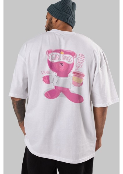 Girl Boss Bear Arka Baskılı Beyaz Oversize T-Shirt Erkek Kadın Bisiklet Yaka fırsatları