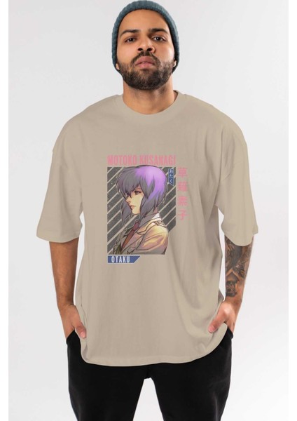 Motoko Kusanagi 4 Anime Ön Baskılı Bej Oversize T-Shirt Erkek Kadın