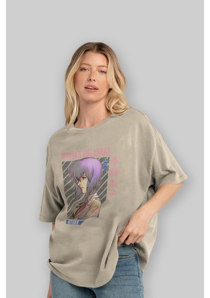 Motoko Kusanagi 4 Anime Ön Baskılı Bej Oversize T-Shirt Erkek Kadın modelleri