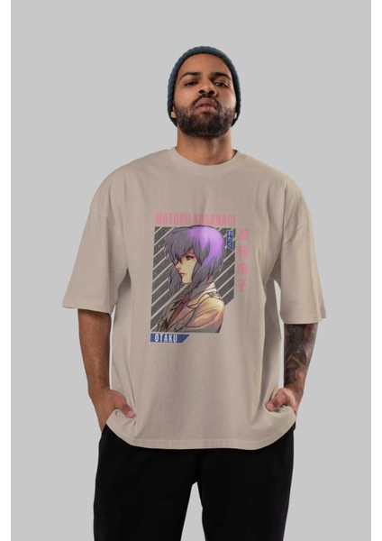 Motoko Kusanagi 4 Anime Ön Baskılı Bej Oversize T-Shirt Erkek Kadın fırsatları
