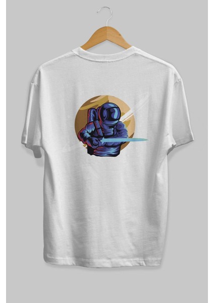 Astro Knight Arka Baskılı Beyaz Oversize T-Shirt Erkek Kadın Bisiklet Yaka