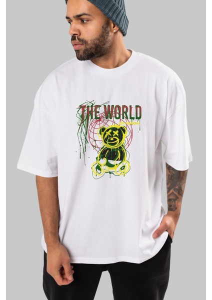 The World Is Mine Bear Ön Baskılı Beyaz Oversize T-Shirt Erkek Kadın Bisiklet Yaka