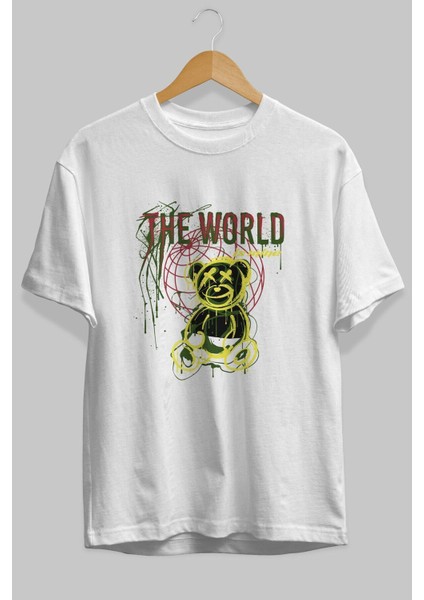 The World Is Mine Bear Ön Baskılı Beyaz Oversize T-Shirt Erkek Kadın Bisiklet Yaka fiyatları