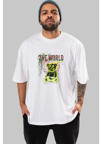 The World Is Mine Bear Ön Baskılı Beyaz Oversize T-Shirt Erkek Kadın Bisiklet Yaka modelleri