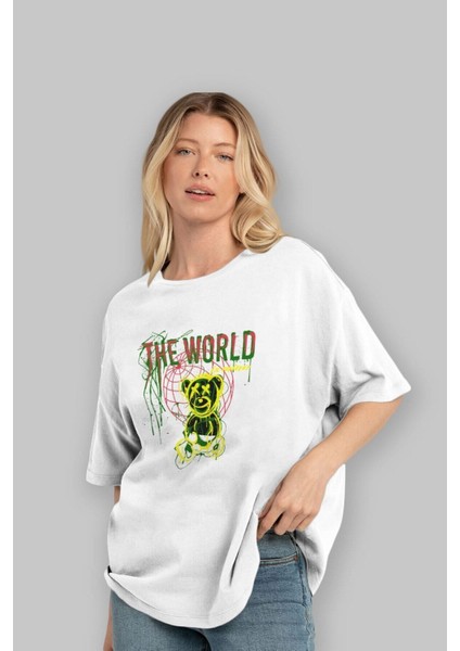 The World Is Mine Bear Ön Baskılı Beyaz Oversize T-Shirt Erkek Kadın Bisiklet Yaka fırsatları