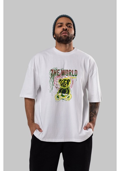 The World Is Mine Bear Ön Baskılı Beyaz Oversize T-Shirt Erkek Kadın Bisiklet Yaka indirimleri