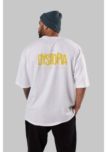 The Dystopia Arka Baskılı Beyaz Oversize T-Shirt Erkek Kadın Bisiklet Yaka