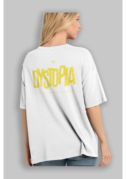 The Dystopia Arka Baskılı Beyaz Oversize T-Shirt Erkek Kadın Bisiklet Yaka fiyatları