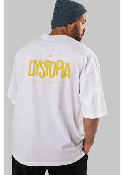 The Dystopia Arka Baskılı Beyaz Oversize T-Shirt Erkek Kadın Bisiklet Yaka modelleri