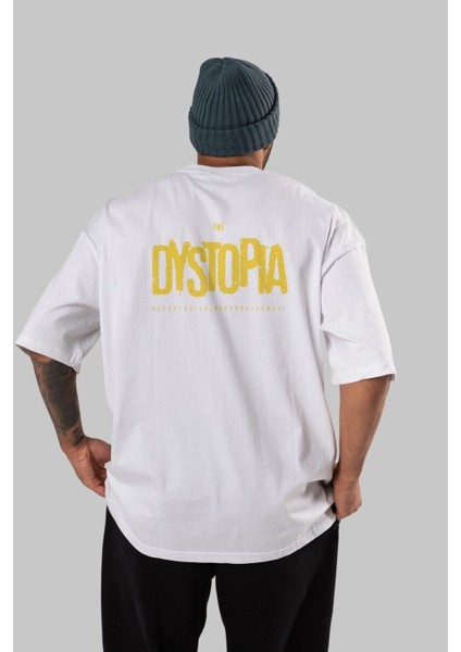 The Dystopia Arka Baskılı Beyaz Oversize T-Shirt Erkek Kadın Bisiklet Yaka fırsatları