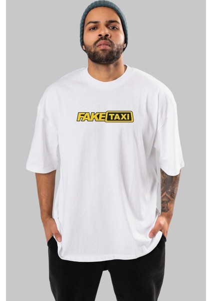 Fake Taxi Ön Baskılı Beyaz Oversize T-Shirt Erkek Kadın Bisiklet Yaka