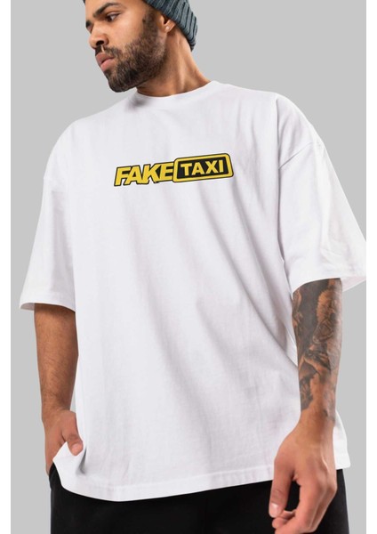 Fake Taxi Ön Baskılı Beyaz Oversize T-Shirt Erkek Kadın Bisiklet Yaka modelleri