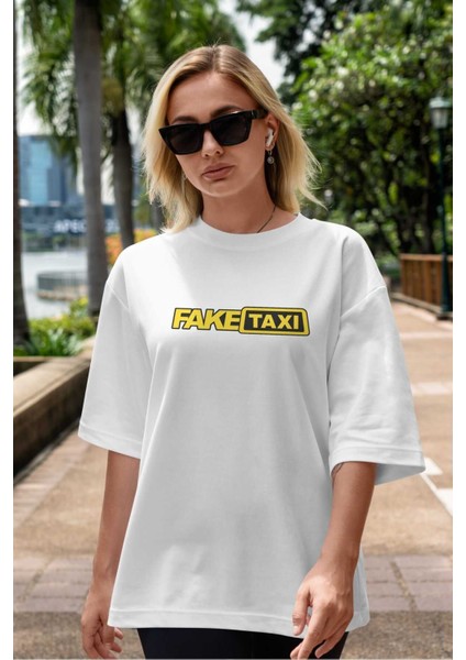 Fake Taxi Ön Baskılı Beyaz Oversize T-Shirt Erkek Kadın Bisiklet Yaka indirimleri
