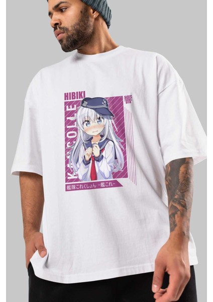 Hibiki 4 Anime Ön Baskılı Beyaz Oversize T-Shirt Erkek Kadın modelleri
