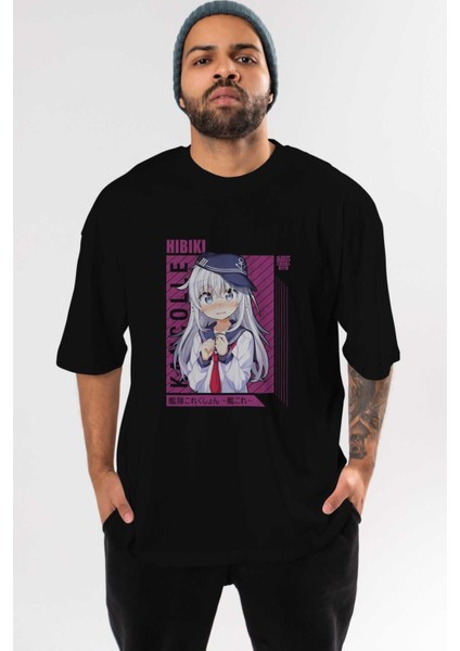 Hibiki 4 Anime Ön Baskılı Siyah Oversize T-Shirt Erkek Kadın
