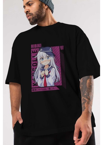 Hibiki 4 Anime Ön Baskılı Siyah Oversize T-Shirt Erkek Kadın modelleri