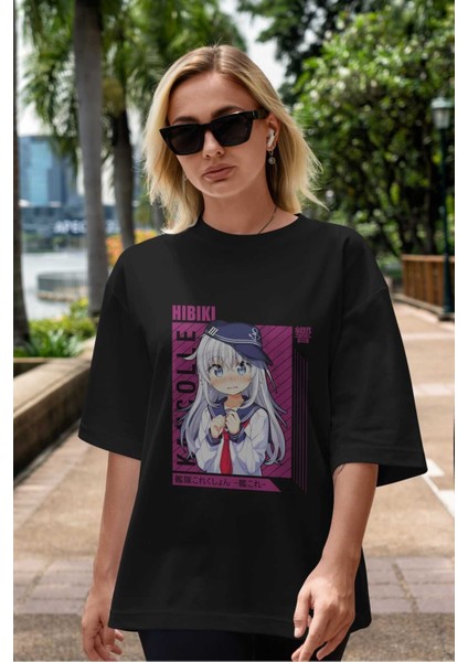 Hibiki 4 Anime Ön Baskılı Siyah Oversize T-Shirt Erkek Kadın indirimleri