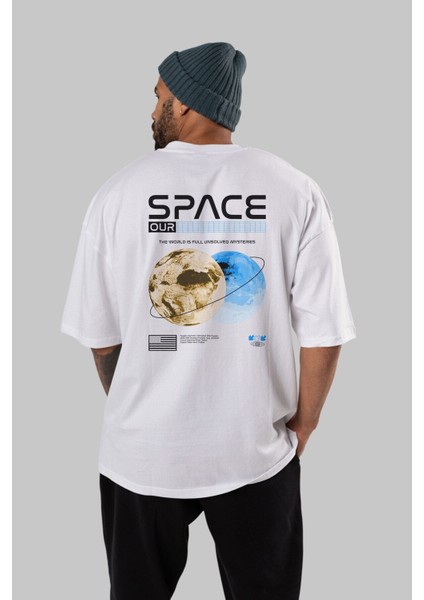 Space Our Arka Baskılı Beyaz Oversize T-Shirt Erkek Kadın Bisiklet Yaka