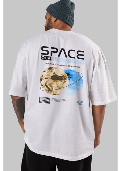 Space Our Arka Baskılı Beyaz Oversize T-Shirt Erkek Kadın Bisiklet Yaka fiyatları