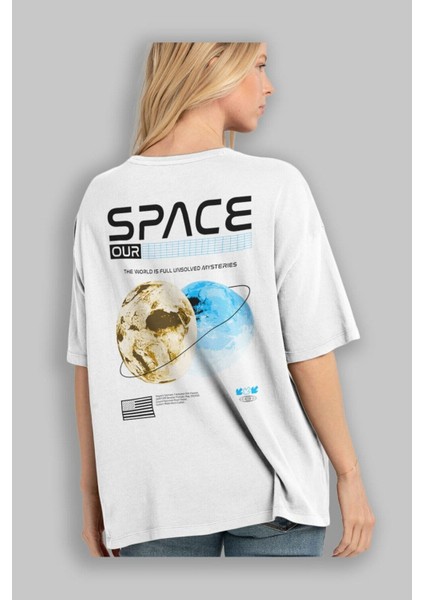 Space Our Arka Baskılı Beyaz Oversize T-Shirt Erkek Kadın Bisiklet Yaka indirimleri