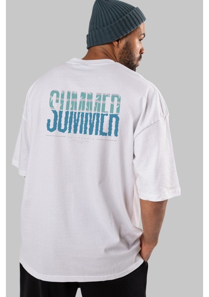 Summer California Arka Baskılı Beyaz Oversize T-Shirt Erkek Kadın Bisiklet Yaka