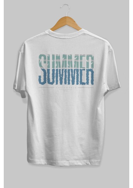 Summer California Arka Baskılı Beyaz Oversize T-Shirt Erkek Kadın Bisiklet Yaka fiyatları