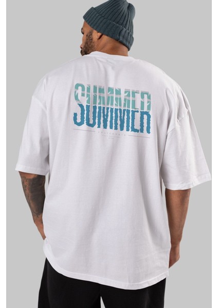 Summer California Arka Baskılı Beyaz Oversize T-Shirt Erkek Kadın Bisiklet Yaka modelleri