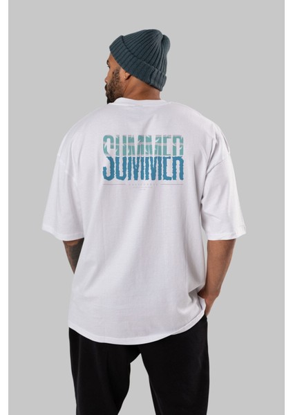 Summer California Arka Baskılı Beyaz Oversize T-Shirt Erkek Kadın Bisiklet Yaka indirimleri