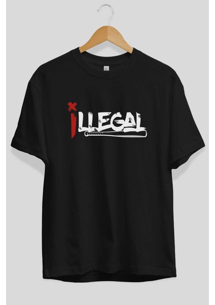 Illegal Ön Baskılı Siyah Oversize T-Shirt Erkek Kadın Bisiklet Yaka fiyatları