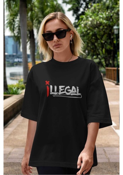 Illegal Ön Baskılı Siyah Oversize T-Shirt Erkek Kadın Bisiklet Yaka indirimleri