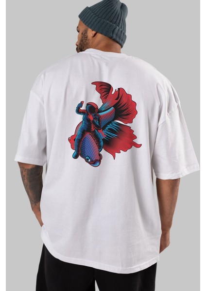 Astrofish Selfie Arka Baskılı Beyaz Oversize T-Shirt Erkek Kadın Bisiklet Yaka fırsatları