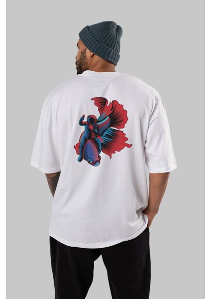 Astrofish Selfie Arka Baskılı Beyaz Oversize T-Shirt Erkek Kadın Bisiklet Yaka indirimleri