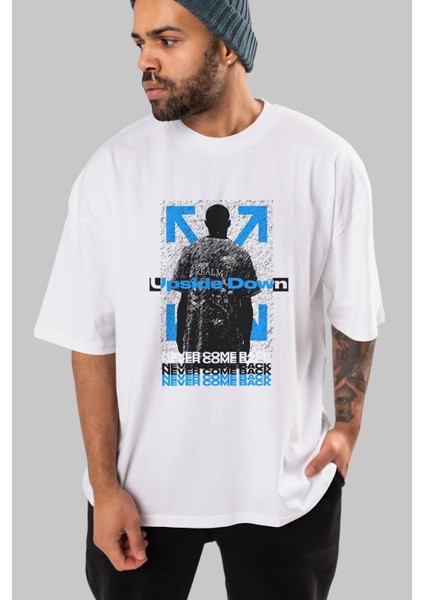 Upside Down Ön Baskılı Beyaz Oversize T-Shirt Erkek Kadın Bisiklet Yaka