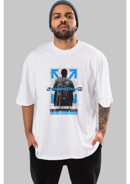 Upside Down Ön Baskılı Beyaz Oversize T-Shirt Erkek Kadın Bisiklet Yaka fiyatları