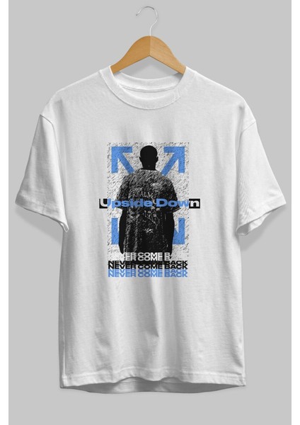 Upside Down Ön Baskılı Beyaz Oversize T-Shirt Erkek Kadın Bisiklet Yaka fırsatları