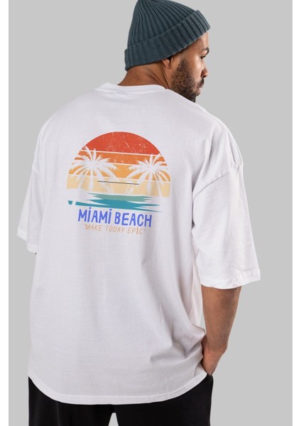 Miami Beach Yazılı Arka Baskılı Beyaz Oversize T-Shirt Erkek Kadın Bisiklet Yaka