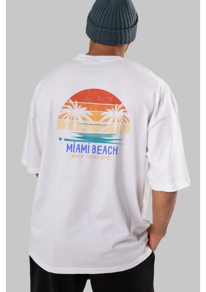 Miami Beach Yazılı Arka Baskılı Beyaz Oversize T-Shirt Erkek Kadın Bisiklet Yaka fiyatları