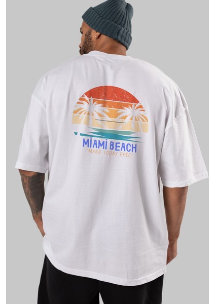 Miami Beach Yazılı Arka Baskılı Beyaz Oversize T-Shirt Erkek Kadın Bisiklet Yaka indirimleri
