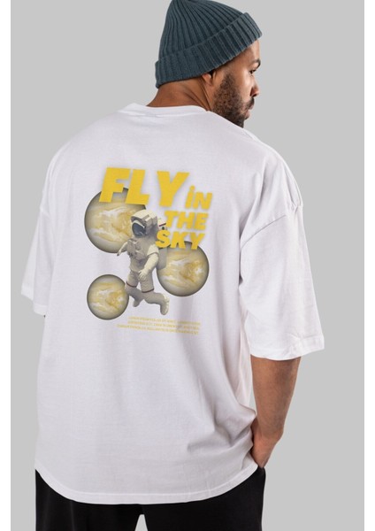Fly In The Sky Arka Baskılı Beyaz Oversize T-Shirt Erkek Kadın Bisiklet Yaka fiyatları