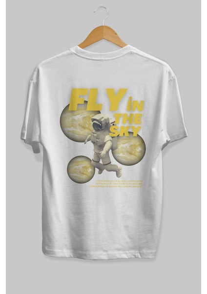Fly In The Sky Arka Baskılı Beyaz Oversize T-Shirt Erkek Kadın Bisiklet Yaka modelleri