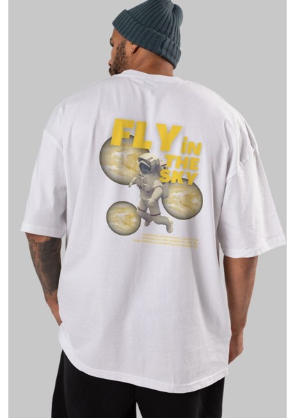 Fly In The Sky Arka Baskılı Beyaz Oversize T-Shirt Erkek Kadın Bisiklet Yaka fırsatları