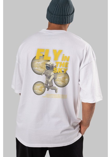 Fly In The Sky Arka Baskılı Beyaz Oversize T-Shirt Erkek Kadın Bisiklet Yaka indirimleri